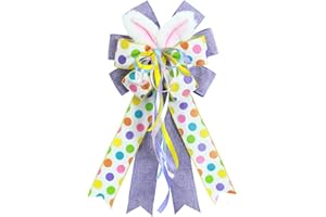 anshome Large Easter Bow for Wreath, Purple Farmhouse Burlap Fabric Wreath Bow with Bunny Ears for Front Door Colorful Dot Tree Topper Ornament Decor Bow with String for Spring Holiday Party