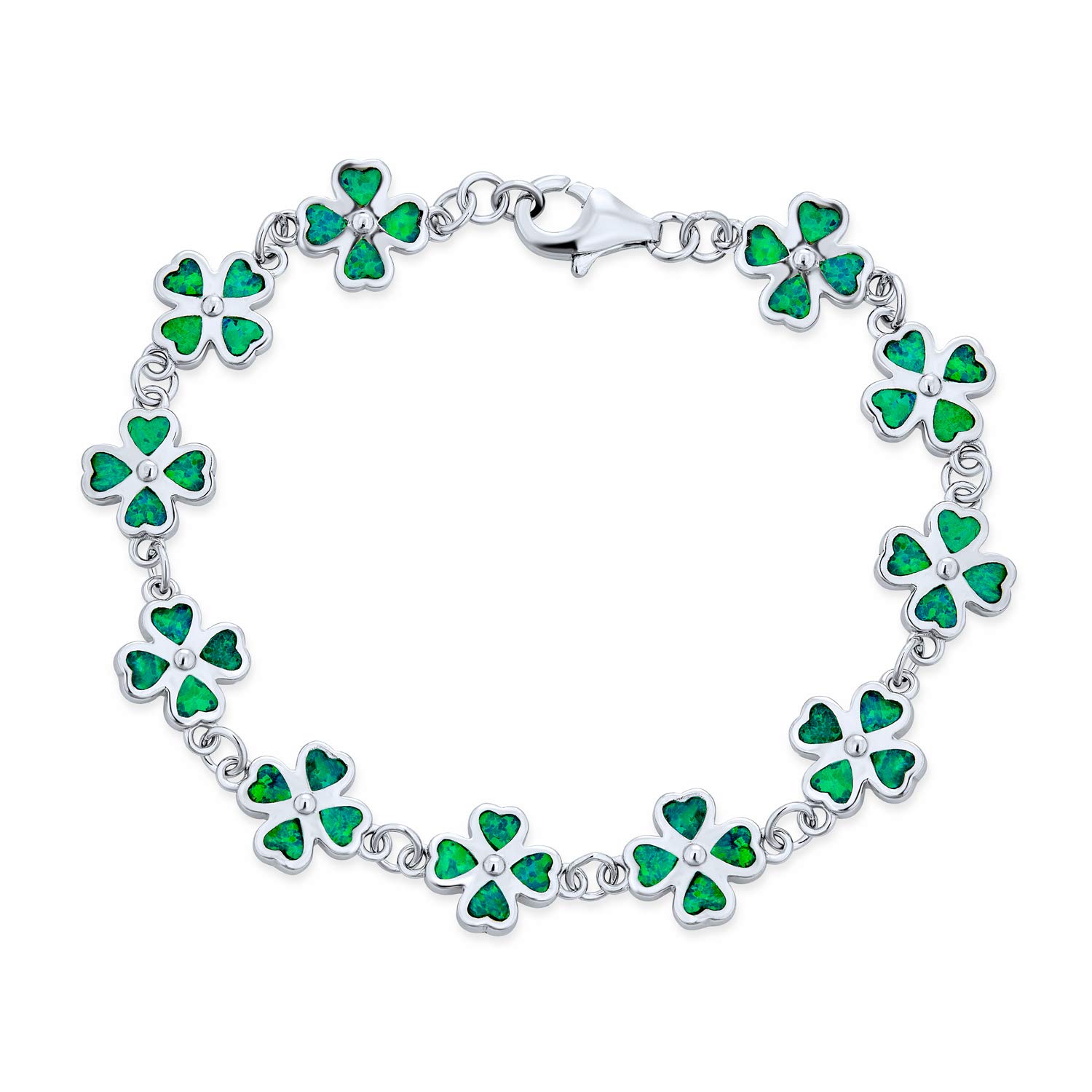 Bling Jewelry Created Opal Inlay Green Shamrock Irish Lucky Clover Leaf Heart Shaped Link Charm Bracelet For Women .925 Sterling Silver