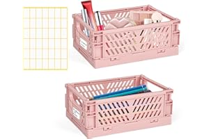 Yafeco 2-Pack Collapsible Storage Box,Foldable Plastic Baskets with tags,Storage Crates for Desk Organizers Home Kitchen Bedroom Bathroom Office Tool Small Parts (pink, 9.8x6.5x3.8'')