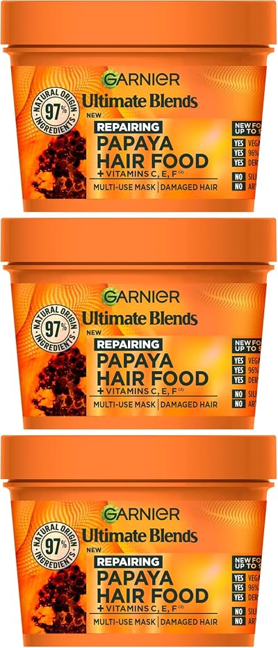 Garnier Hair Food 3in1 Papaya Mask 400ml Pack of 3 Vegan No Silicones