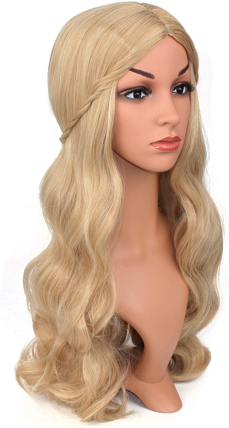 OKVGO Women's Long Curly Blonde Wigs for Fancy Dress Cosplay Costume Party Ladies with Wig Cap, 2 Count (Pack of 1)