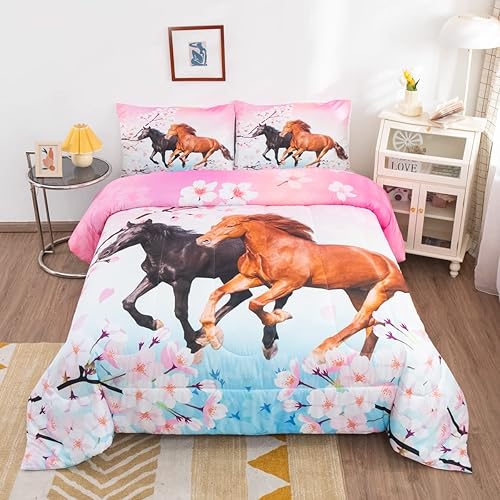 Feelyou Girls Horse Comforter Set Full Size Galloping Horses Bedding Set  for Kids Teens Cherry Blossom Comforter 3D Wild Animal Duvet Set Farmhouse 