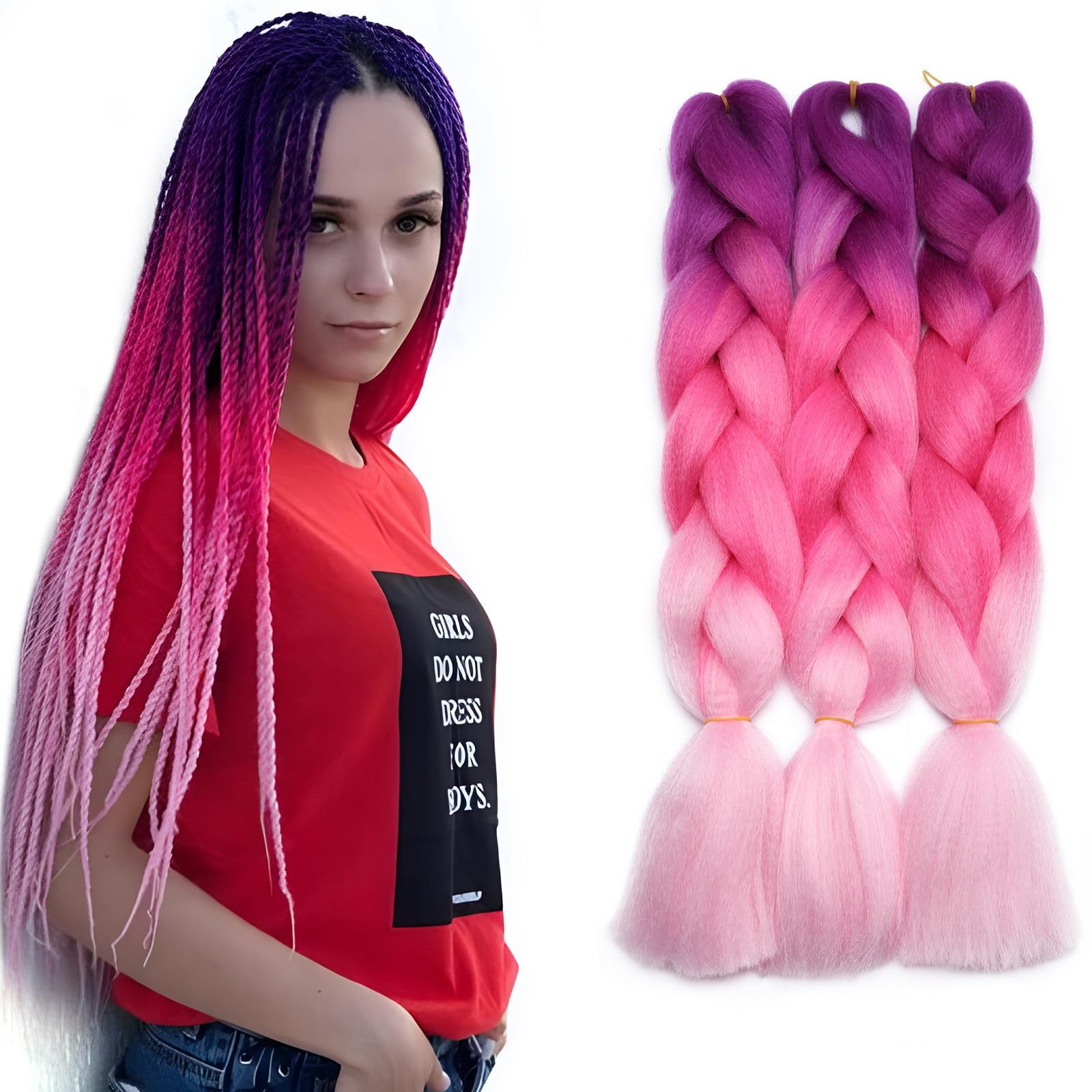 3 Pcs /300g 24'' Two Ombre Jumbo Braiding Hair Synthetic Braid Hair Extensions Purple to Peach Pink to Pink