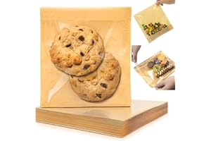 GOULIKFUL 100 Pack Self Sealing Cookie Bags with Seal, 5.9x6.5 Inch Paper Bakery Bags with Window, Grease Resistant To Go Sleeves for Packaging Donut, Snack, Scone, Brownie, Small Pastries and other Treats