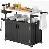 Outsunny Outdoor Bar Cart with Storage Cabinet Kitchen Island Black | Stainless Steel Top, on Wheels, HDPE Outdoor Bar Table, Movable Patio Beverage Food Prep Table, for BBQ Picnic