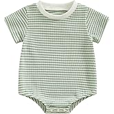 VISGOGO Unisex Baby Boy Girl Striped Romper Waffle Short Sleeve Bubble Oversized Romper Bodysuit Summer Onesie Clothes