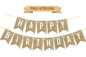 NETNOLOGY Pre-Strung Gold Happy Birthday Banner Decorations,12 ft No DIY Gold Glitter Birthday Party Banner Sign Decor for Women Men Girl Boy Party Supplies