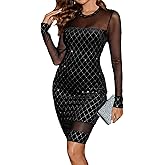 QIANZHIDU Women's Mesh Panel Rhinestone Crewneck Long Sleeve Bodycon Club Mini Dress