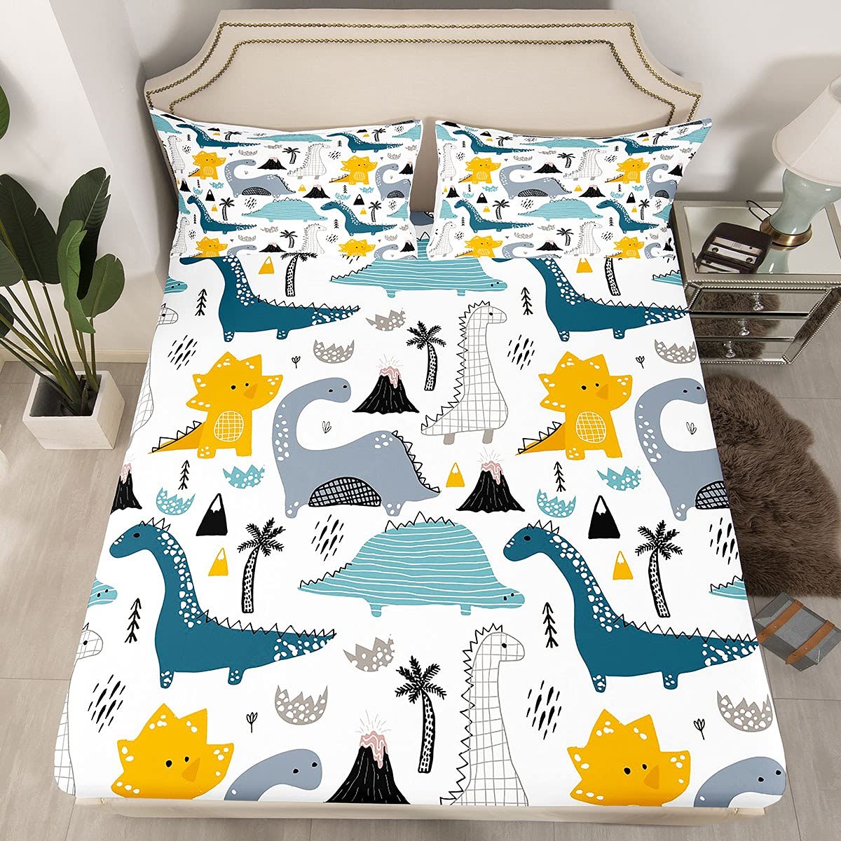 Loussiesd Dinosaur Bed Sheet Set Cartoon Dinosaur Printed Bed Sheets for Kids Boys Girls Animals Bedding Set Cartoon Cute Dino Decor Fitted Sheet Bedroom Collection 2Pcs Single Size with 1Pillowcase