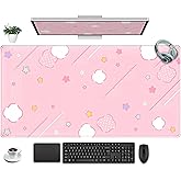 Pink Mouse Pad Large Desk Mat Gaming, Kawaii Desk Pads Stars Mouse Mat XXL Cute Keyboard Pad, Laptop Computer Mat with Non-Slip Base & Stitched Edges, Office Decor for Women 31.5" x 15.7"