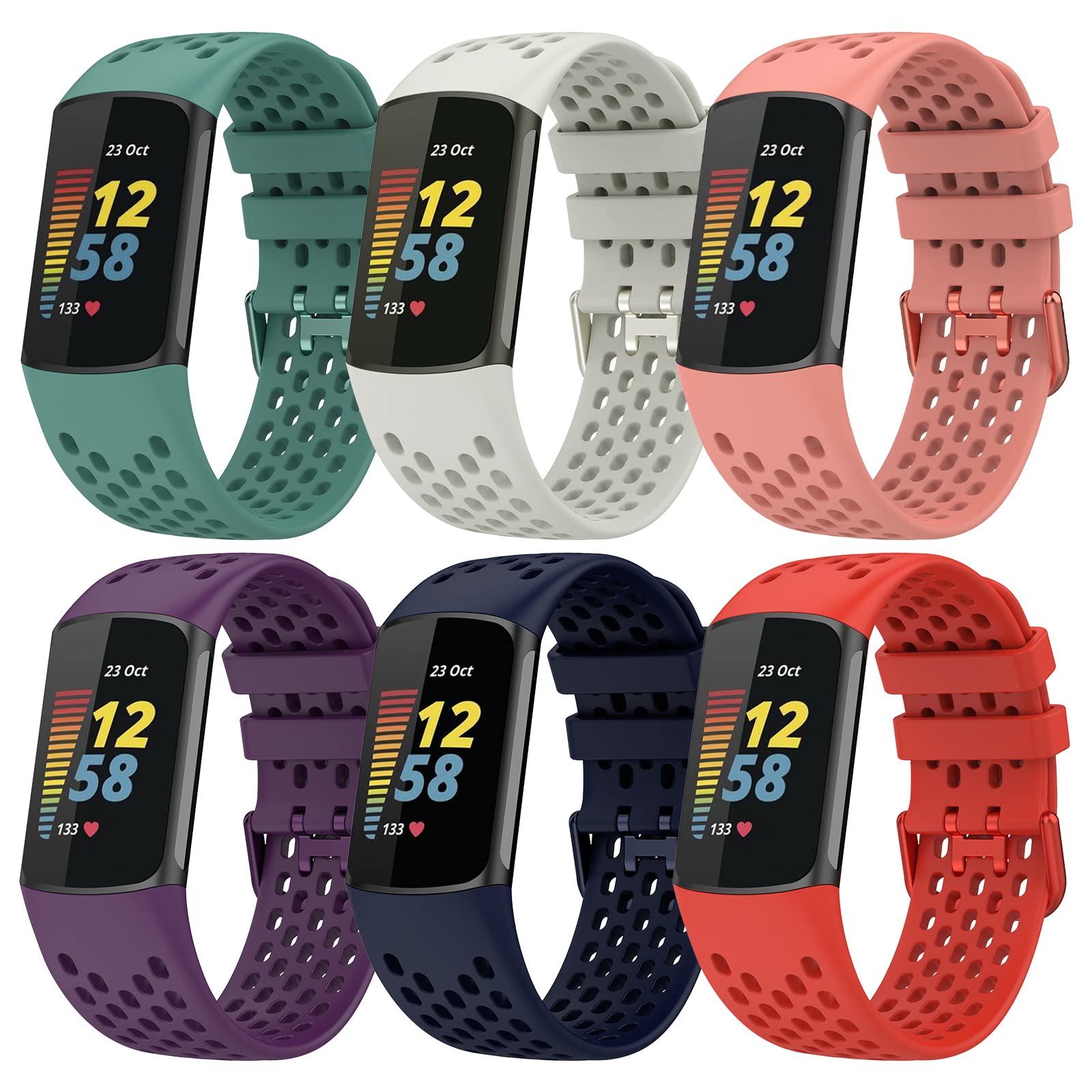 TopPerfekt Sport Straps Compatible with Fitbit Charge 6 Strap, Adjustable Breathable Soft Silicone Sport Replacement Watch Band Straps Wristbands Bracelet for Charge 5 Activity Tracker Women Men