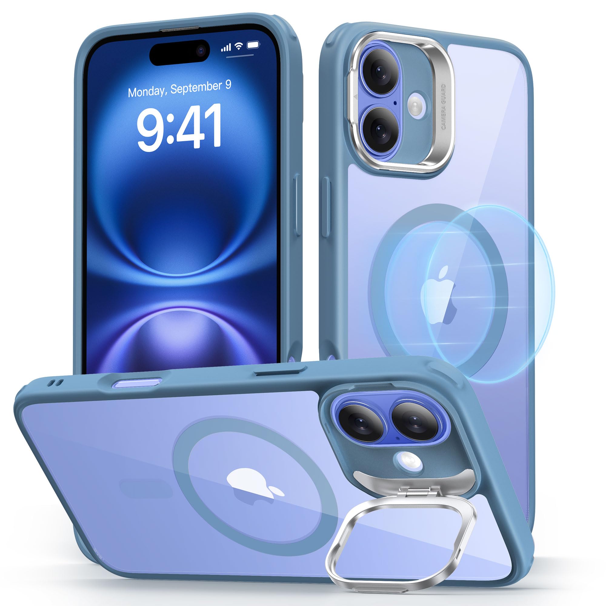Photo 1 of ESR for iPhone 16 Case, Compatible with, Military-Grade Protective Case, Built-in Stash Stand Phone Case, Scratch-Resistant Back Cover, Classic Series, Clear Blue