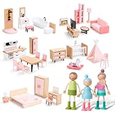 Giant bean 36pcs Wooden Dollhouse Furniture Set with Dolls | 5 Rooms, Wood &amp; Plastic Pink Dollhouse Accessories Pretend Play Furniture Toy Christmas Birthday Gift for Kids Boys Girls 3+