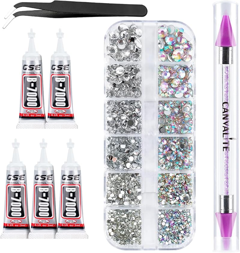 CANVALITE 2784Pcs Rhinestones 6 Sizes AB Nail Art Gems with Glue
