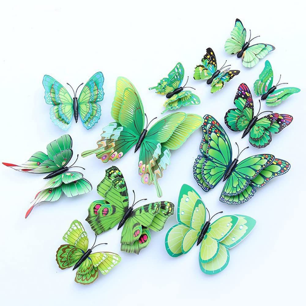 QGHSkOMk 12Pcs 3D butterfly wall decorations stickers Decor Wall Art Hanging Ornament Sculpture Garden Statues For Indoor Home Living Room Bedroom Outdoor backyard Porch Patio Fence (green)