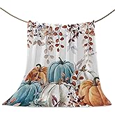 Fall Thanksgiving Throw Blankets, Watercolor Autumn Pumpkins Terracotta Eucalyptus Leaves Soft Fleece Blanket Decorative for Home Sofa Couch Chair Living Bedroom,40x50 inches, Blue Orange
