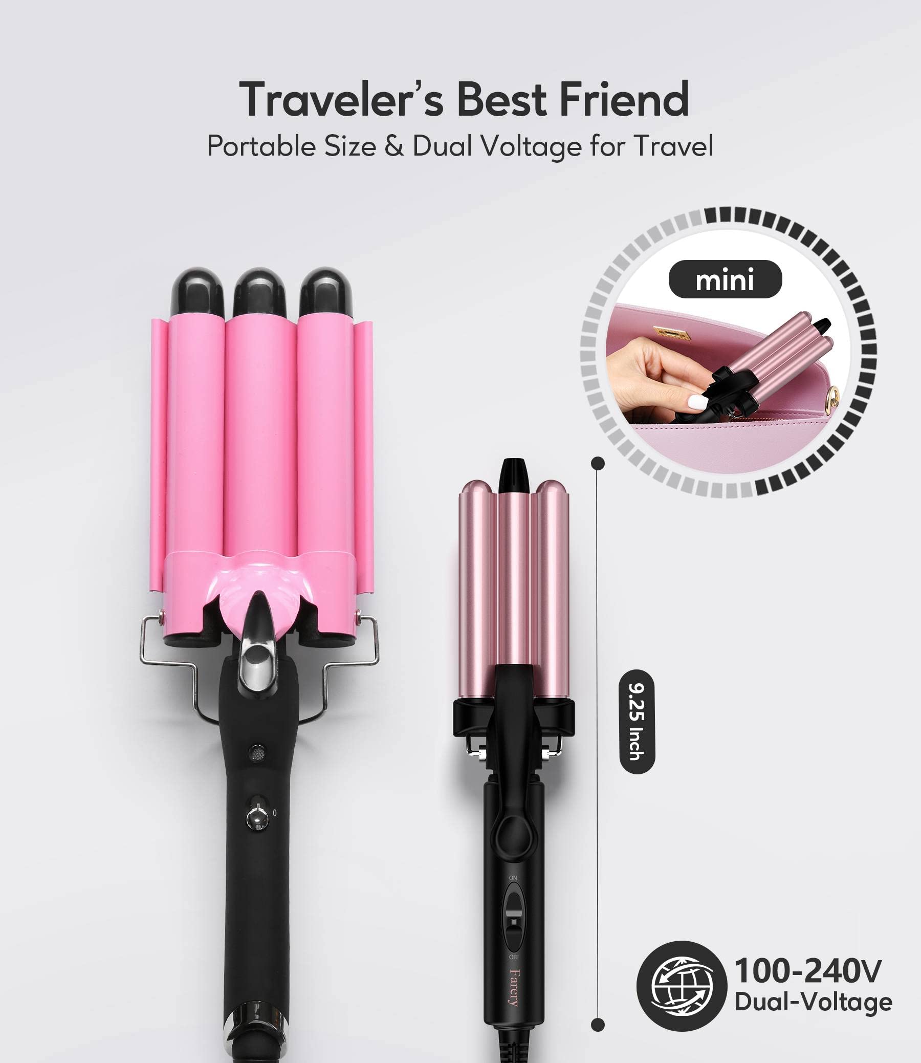 Mini Hair Crimper, 3 Barrel Curling Iron 1/2 Inch with Keratin & Argan Oil Infused, Travel Curling Iron with Dual Voltage, Pouch Bag, Beach Waves for Women, Rose Pink, HAIR IRON