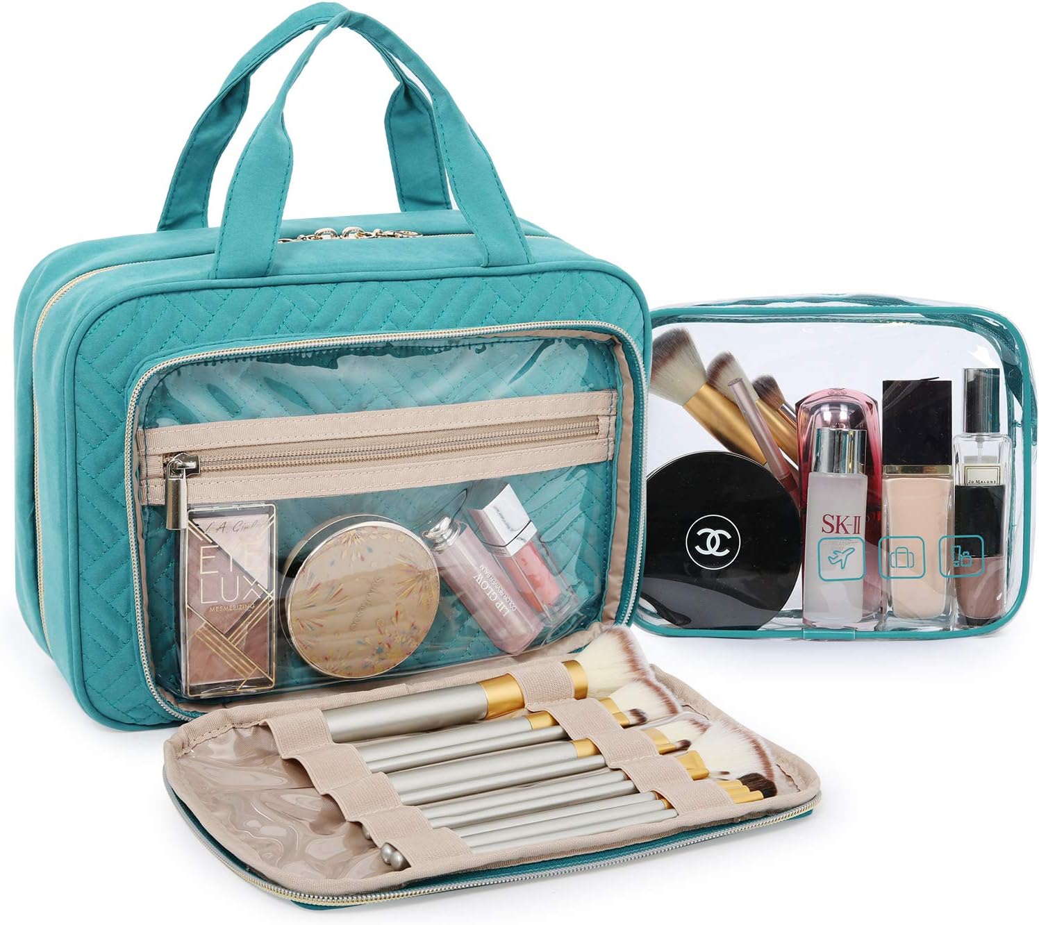 BAGSMART Toiletry Bag Hanging Travel Makeup Organizer with TSA Approved Transparent Cosmetic Bag Makeup Bag for Full Sized Toiletries, Medium-Teal