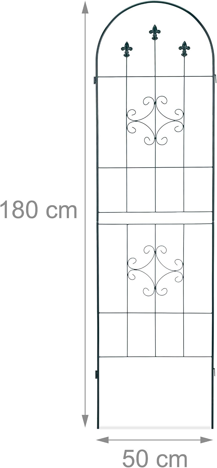 Relaxdays Trellis Set of 2, Metal, 180 x 50 cm, Garden Climbing Aid, Vintage, Ornate Tips + Arch, Freestanding, Green - Image 5