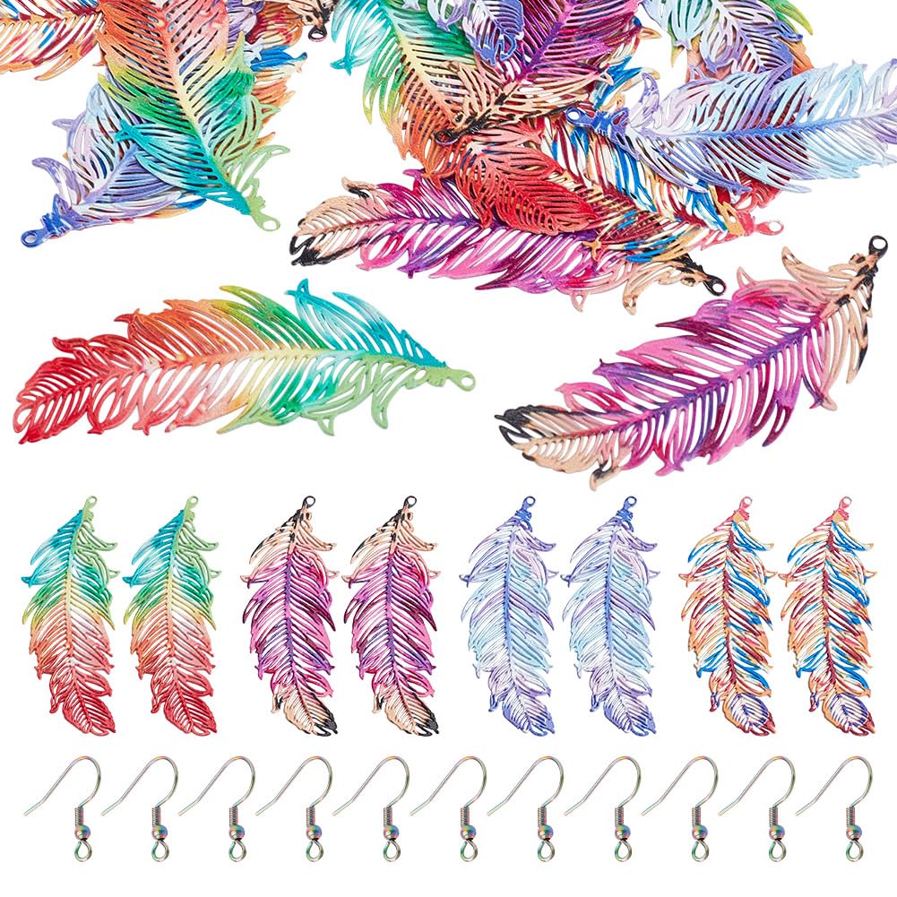 DELORIGIN 16pcs Rainbow Feather Charms Earring Making Kit Stainless Steel Linking Pendant Earring Component Connectors with 16pcs Earring Hooks Jump Rings for DIY Jewelry Bracelet Making Necklaces