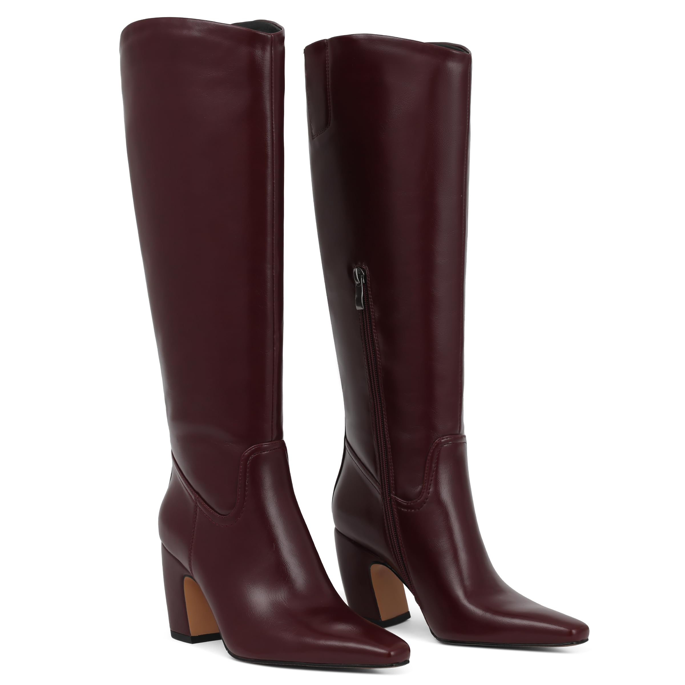 Photo 1 of ***USED***Oiamenne Knee High Boots for Women Square Toe Chunky Heel Leather Tall Boots with Side Zipper Fashion Wide Calf Long Boots,Burgundy Size 7
