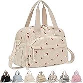 ELONGRIVER Corduroy Insulated Lunch Bag for Women Teen Girls, Portable Adult Lunch Box, Reusable Tote Cooler Bags, Lightweight Womens Lunch Bags with Front Pockets Work Picnic Travel, Beige Strawberry