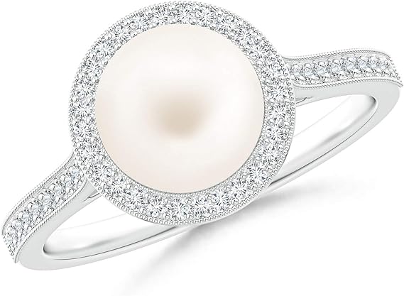 Amazon Milgrainラウンド養殖淡水パールとダイヤモンドハローリング 10 Mm淡水養殖パール リング 通販