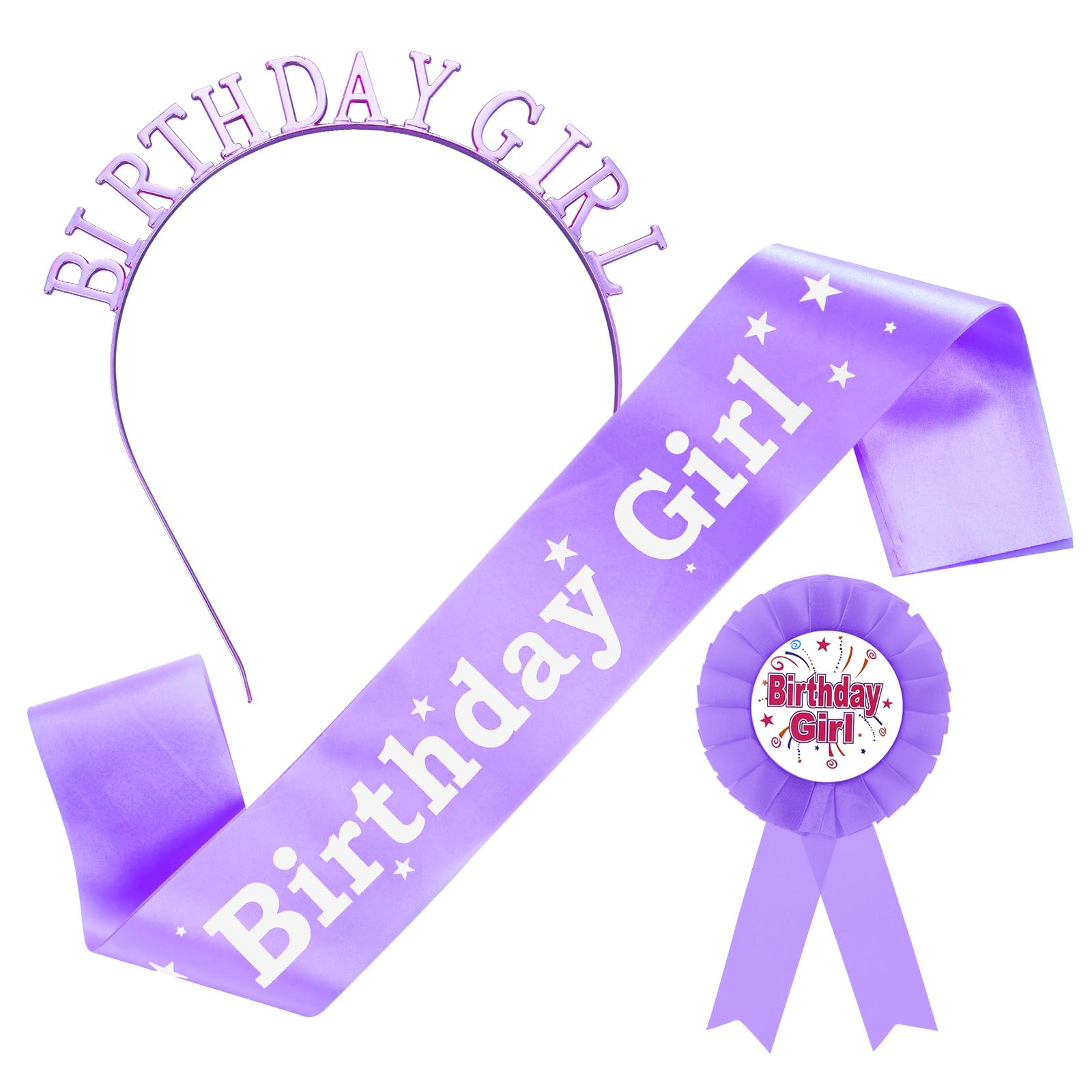 Abeillo Girls Birthday Decorations Set, Happy Birthday Crown Princess Tiara, Sash and Badge Ribbon, Party Headband Hair Accessories(Purple)