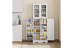 HORSTORS 64" Pantry Cabinet, Kitchen Pantry Storage Cabinet, Food Pantry, Freestanding Tall Storage Cabinet with Doors and Adjustable Shelves for Home Kitchen, Dining Room, Living Room, White