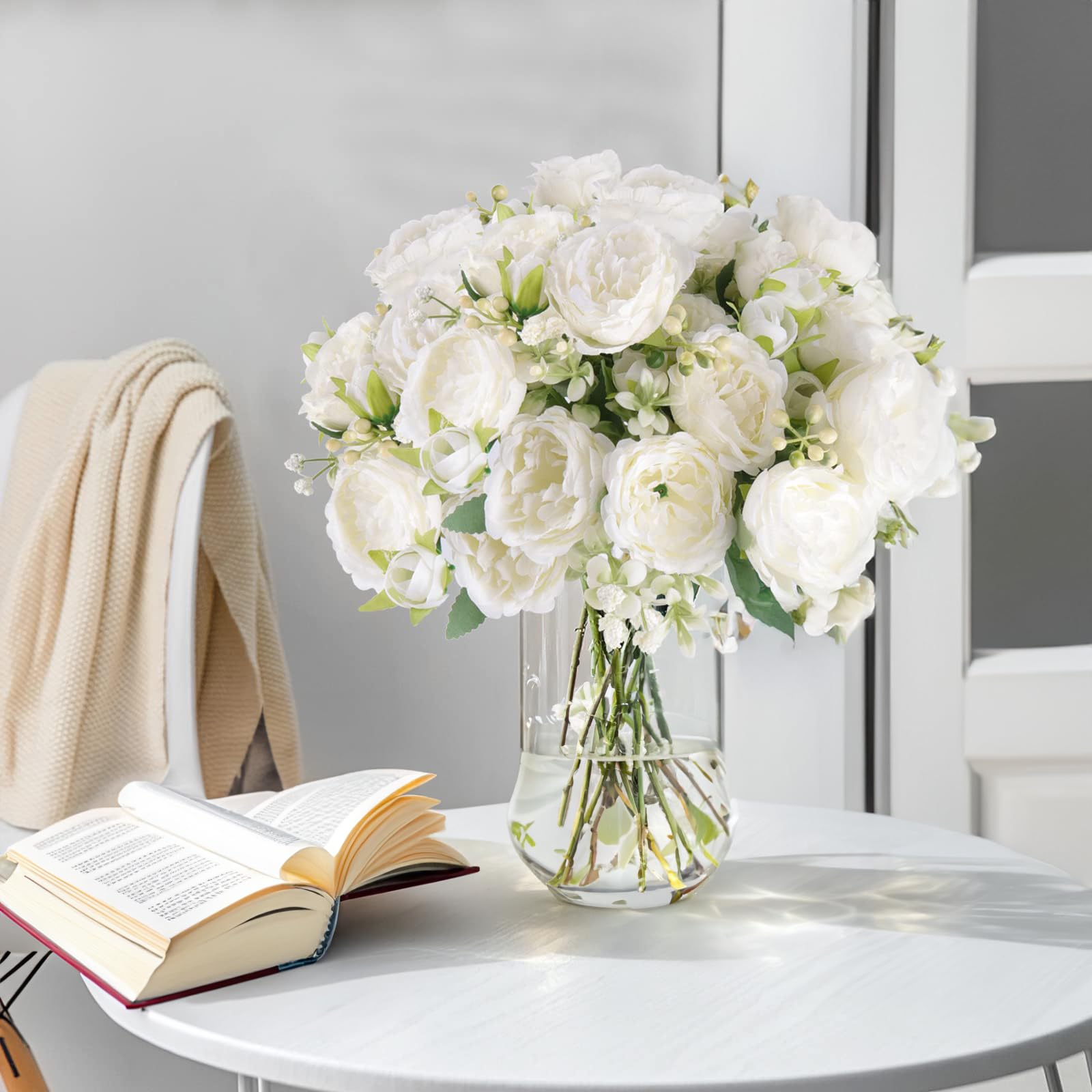 FreeSkill Artificial-Centerpieces-Floweroyal Decoration-Silk Flowers - Gorgeous 4 Bunches of Silk Peony Artificial Flowers - White Peonies Bouquets for Wedding Party, Home Decor