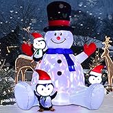 DearHouse 7Ft Lighted Christmas Inflatable Snowman with Three Cute Penguins, Rotating 7 Color Changing Lights Building 3 LED Lights Outdoor Indoor Holiday Yard Inflatables Home Decor
