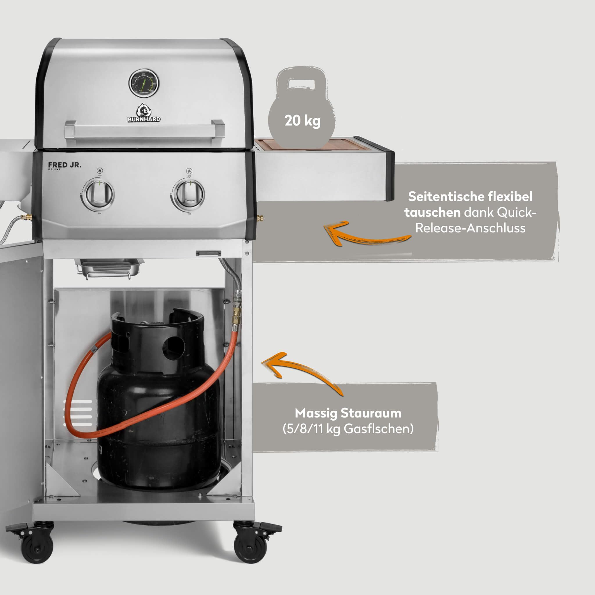 BURNHARD® Gasgrill 2-Brenner 900°C Infrarot-Keramikbrenner, Gusseisen-Grillrost, klappbare Seitentische, Grillabdeckung – FRED Jr. Deluxe – Series 3 5