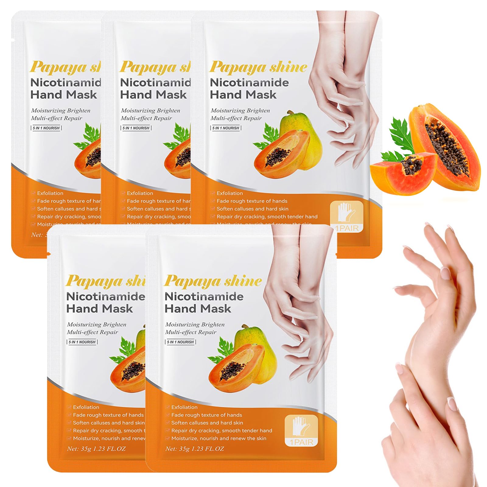 Hand Masks, 5 Pairs Of Moisturising Gloves, Hand Care For Dry Ageing Cracked Hands For Women And Men, Exfoliating Hand Masks With Papaya Extract
