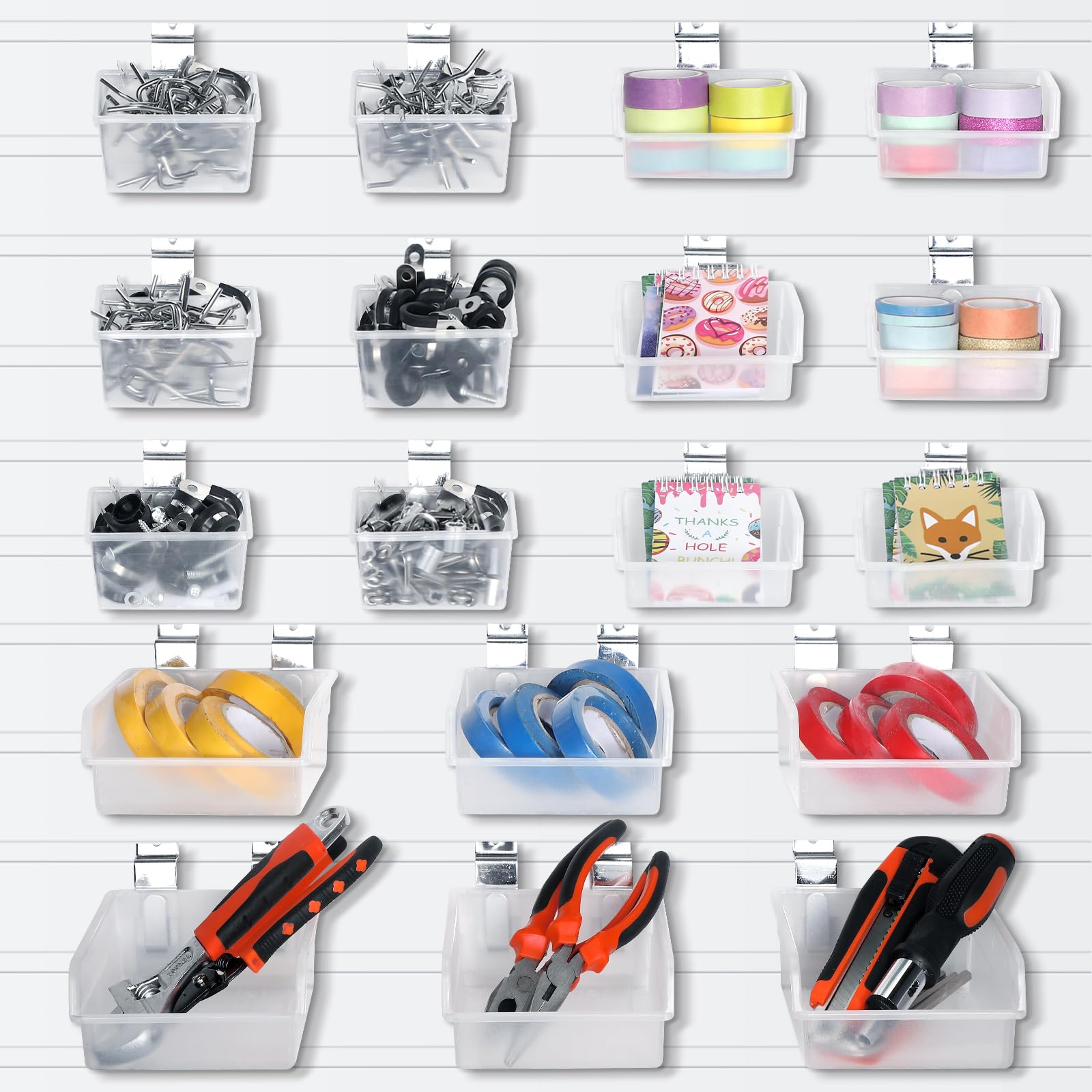 Photo 1 of Kigley 18 Pack Slatwall Bins Accessory Set Multi Size Plastic Wall Mounted Storage Bins with Slatwall Hooks Wall Mount Tool Organizer Hardware Storage Organizer for Garage Storage Craft Room Tool Shed