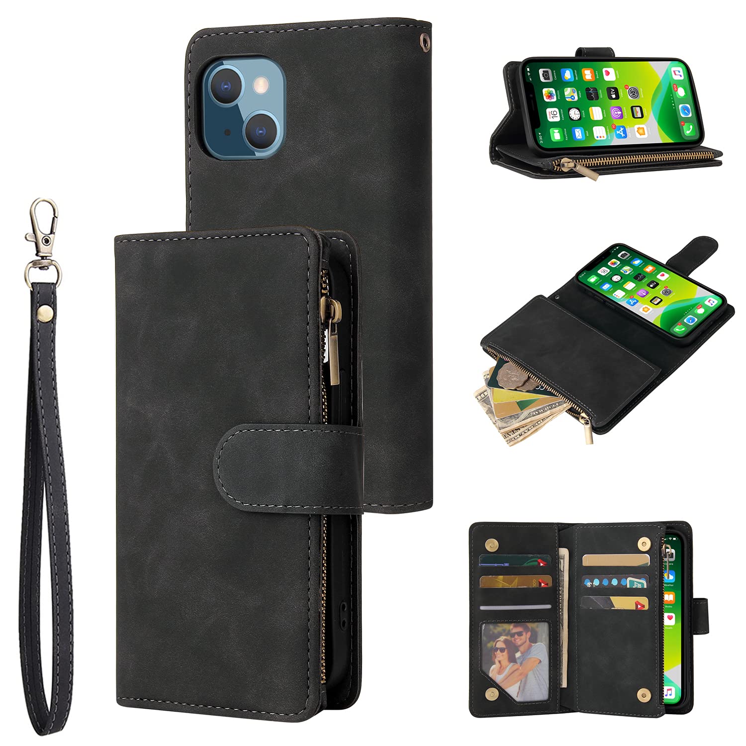 UEEBAI Wallet Case for iPhone 13 6.1, Premium Vintage PU Leather Magnetic Handbag Zipper Pocket Case Kickstand Card Slots with Wrist Strap TPU Shockproof Flip Cover - Black — image 1