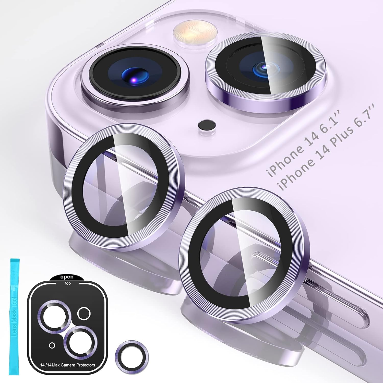 wlooo iPhone 14/iPhone 14 Plus Camera Lens Protector, 9H Tempered Glass Screen Protector Camera Cover Metal Individual Ring Bulletproof Scratchproof Protective Lens Protectors (Purple)