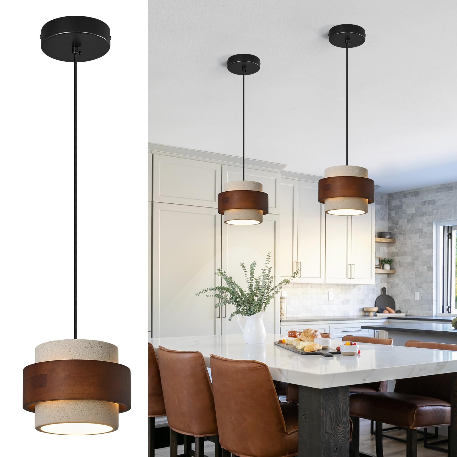 Photo 1 of JXJYHL Modern Cement Pendant Light Fixture,Concrete Pendant Lights with Wood Accent,Vintage Farmhouse Chandelier for Kitchen Island Dining Room Living Room Bedroom Restaurant Cafe,(White 1-Pack)