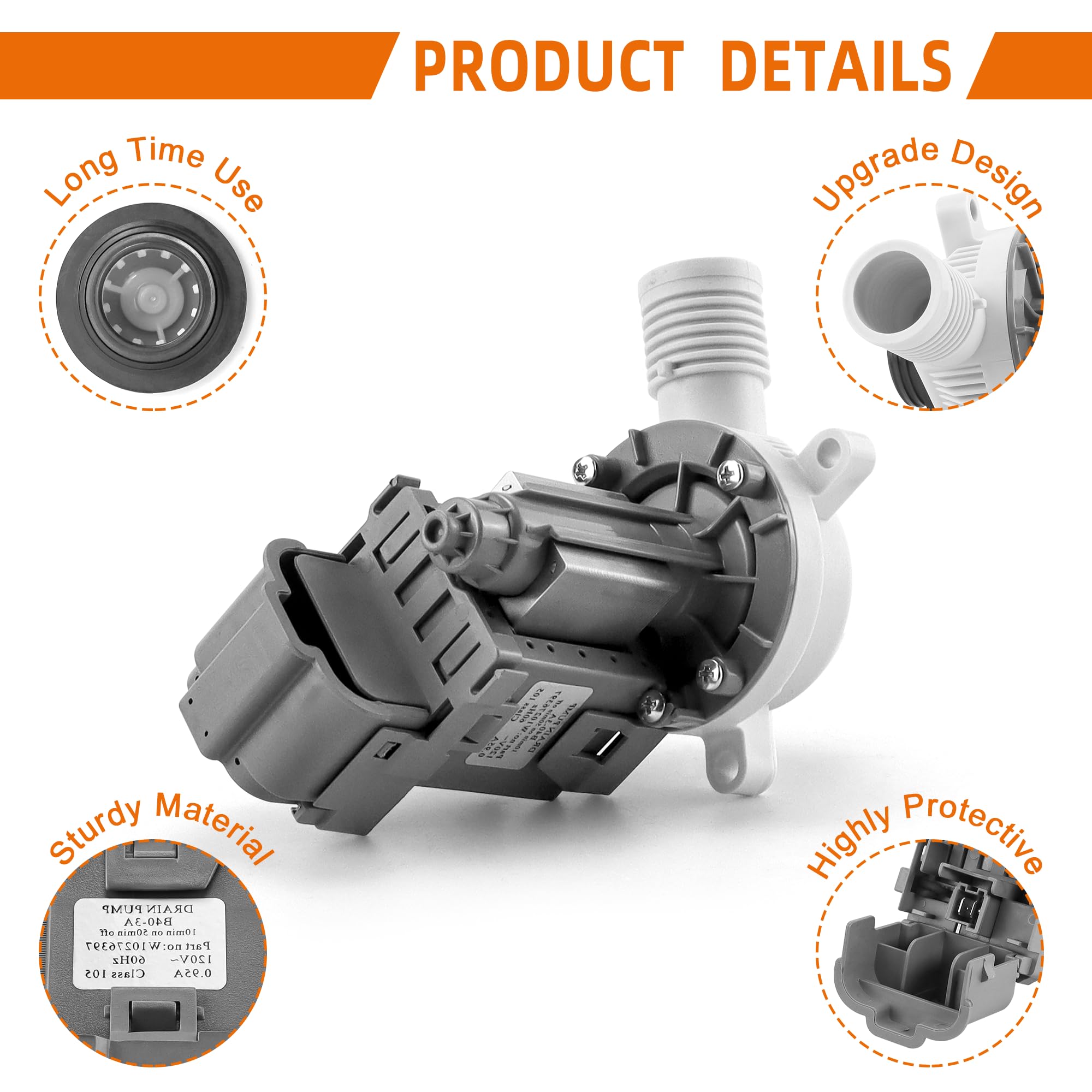 AMI PARTS W10276397 Washer Drain Pump for Whirlpool may tag Kenmore Washing Machine Replaces B40-3A WPW10276397VP AP6018417 1874334 LP397 WPW10276397 Drain Pump (10 Years WARRANTY)