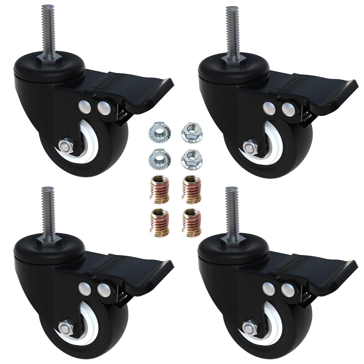 OuYi 4pcs 2" Swivel Stem Casters with Brake Lock, M8x25 Stem Caster Wheel, Heavy Duty PU Rubber Wheels, Nuts Included, OeCaster50_825