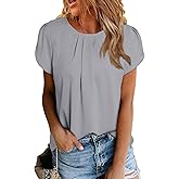 Dokotoo Women's Casual Round Neck Basic Pleated Tops Short Sleeve Loose Fit Curved Back Chiffon Blouses Tshirts