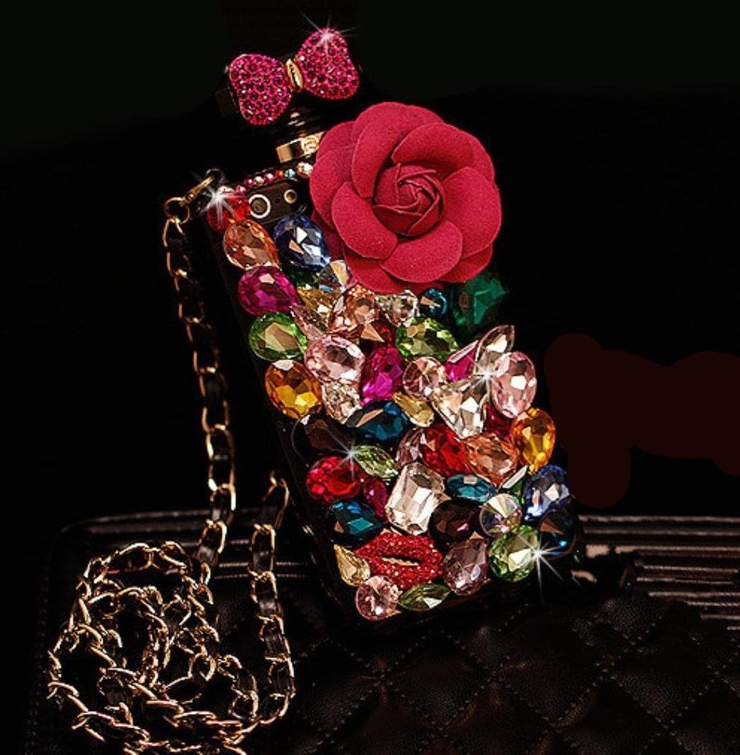 Omio for iPhone7 Plus / iPhone8 Plus Case, Perfume Bottle Shell 3D Luxury Glitter Colorful Crystal Diamond Rhinestone Chain Flower Bling Bowknot Shiny Lip Cover for Apple iPhone 7 Plus/iPhone 8 Plus