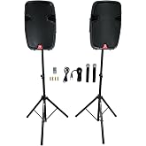 Rockville RAMSYS15 Bundle: (2) 15" Rechargeable DJ/PA Speakers, (2) Tripod Speaker Stands, (2) Wireless Microphones, 1000W Peak, Bluetooth, USB/SD, TWS, for Parties &amp; Events, 6-Items