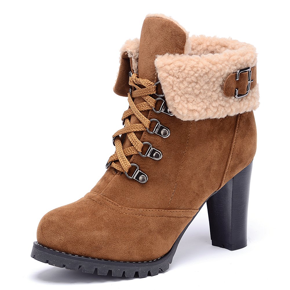 Odema Women's Suede Snow Boots Chunky High Heel Lace-up Ankle Boots Lightbrown