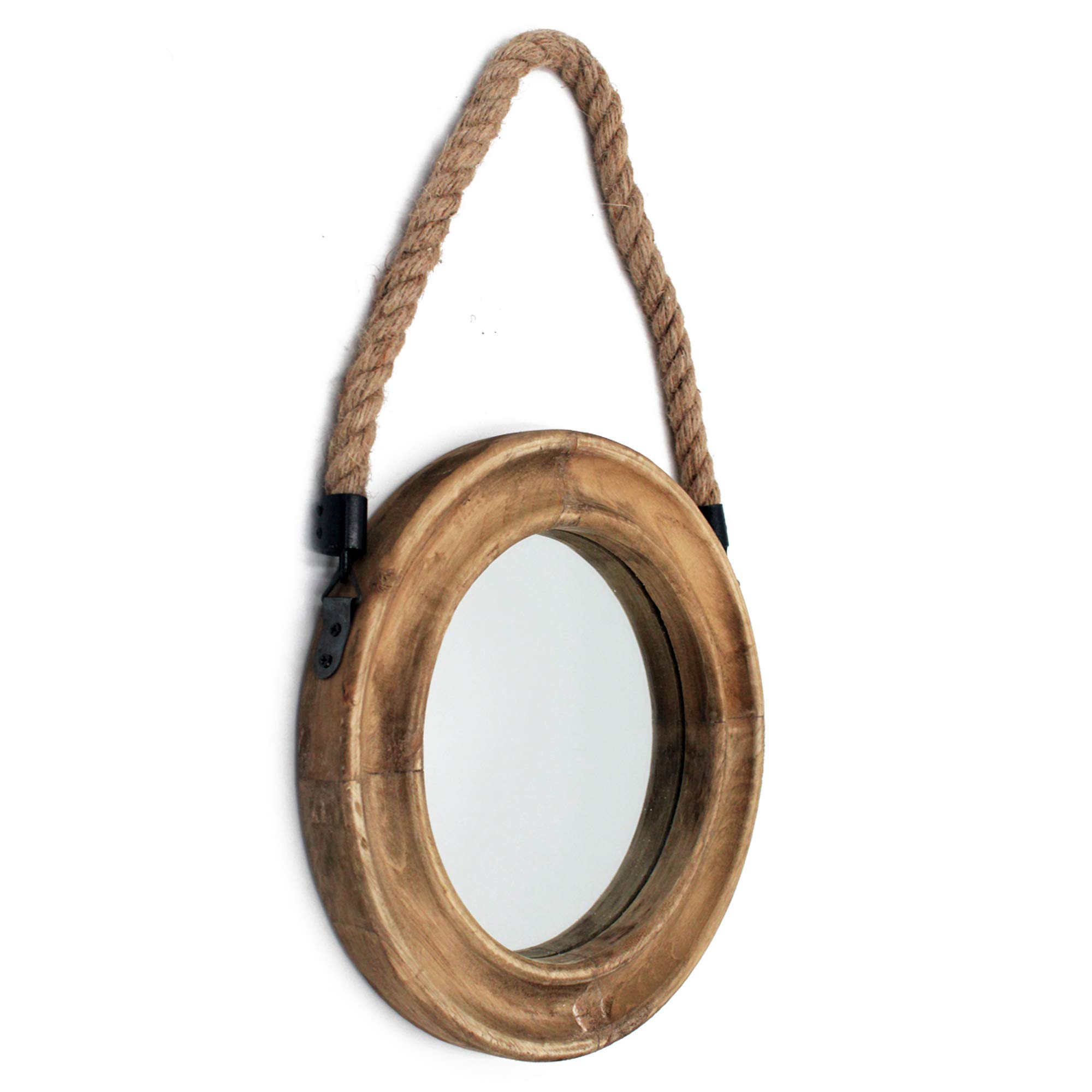 Funly mee Rustic Round Decorative Mirror with Solid Wood Frame&Rope Hanging,Farmhouse Antique Wall Decor (25x25CM)