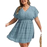 Hanna Nikole Plus Size Swimsuit Coverup, Textured Striped Elastic Waisted Coverups, V Neck Side Split Beach Cover Up