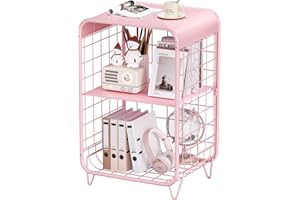 SYKIARIOL Metal Side Table,Cute Pink Nightstand,3 Tier End Table with Storage,Vintage Bedside Table,Girls Bedroom Furniture,Accent Table,Small Coffee Table for Living Room,Bedroom,Dorm