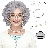 Guree Hair Old Lady Wigs and Accessories for Women Costume Grandma Wig Short Grey Curly Wig for Granny 100th Days of School Cosplay Halloween Use (Gray Wig 5 Pcs Set)