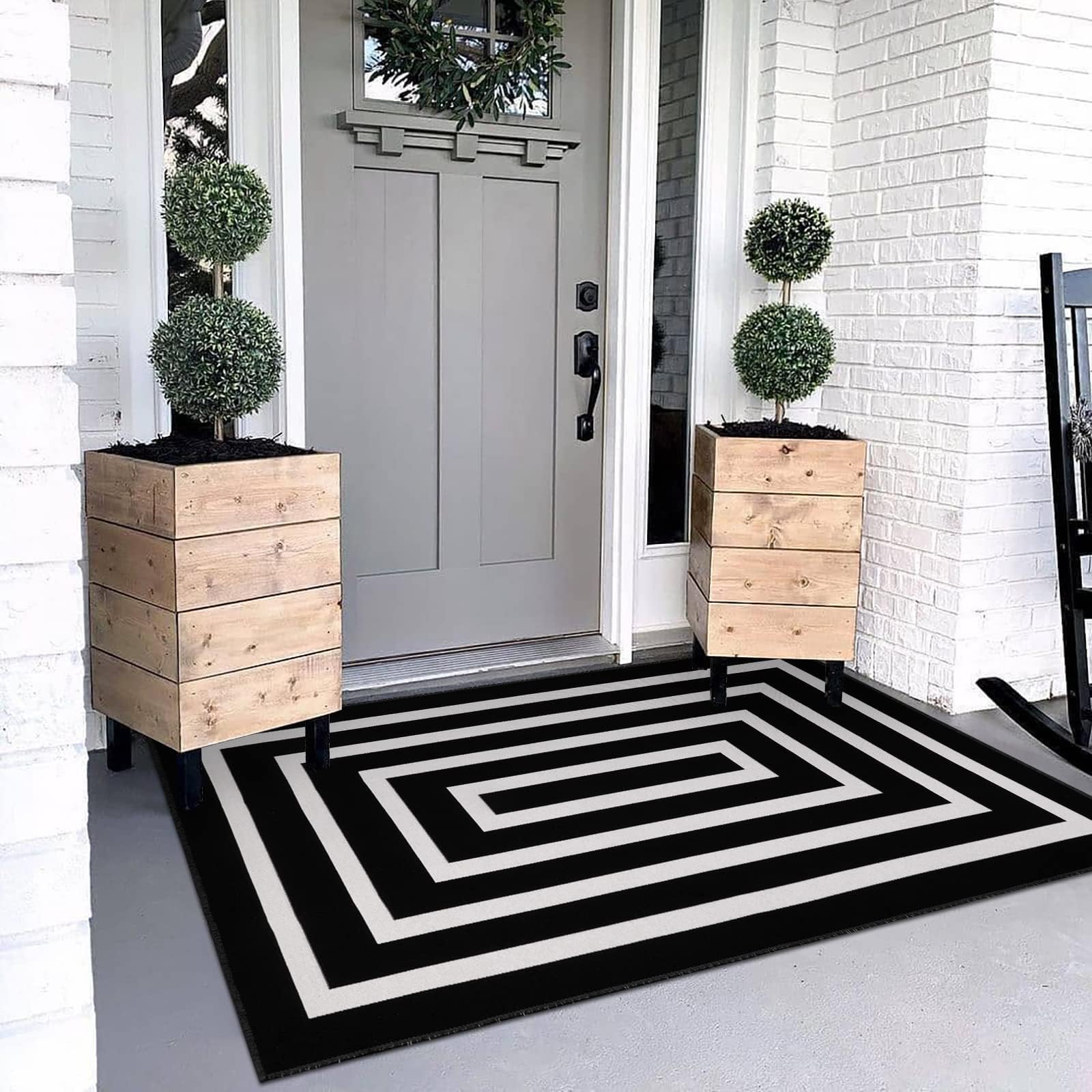 Photo 1 of LEEVAN Black and White Rug 3x5 ft Cotton Woven Striped Door Mat Reversible Foldable Washable Indoor Outdoor Striped Rug Farmhouse Geometric Front Porch Decor for Living Room/Front Door/Balcony