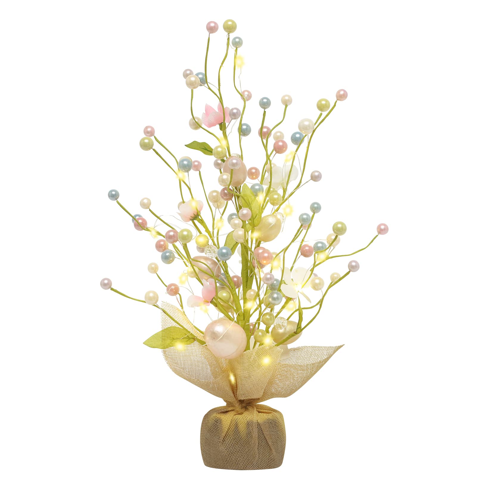 RoseCraft Easter Decorations, 18 Inch Pre-Lit Easter Egg Tree Tabletop Decor with Delicate Ornaments, for Home Party Wedding Holiday Spring Summer Decoration, Green/White/Pink.