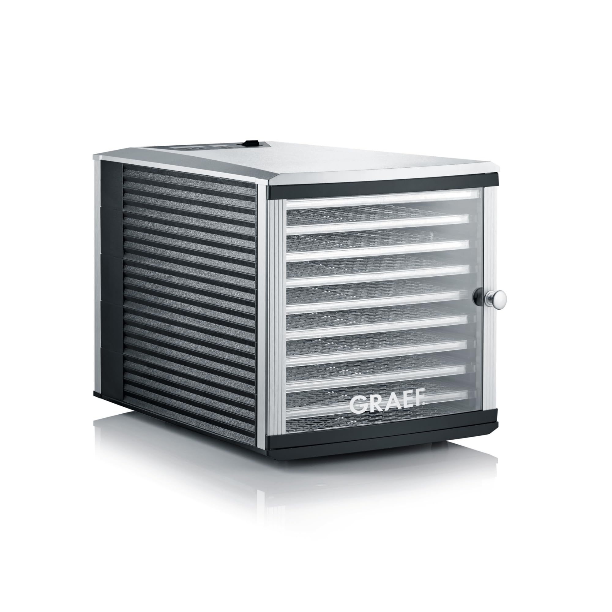 GRAEF DA510EU Dörrautomat in Silber mit Timeranzeige, Temperaturkontrolle, 30–70°C regelbar, übersichtliches Display, platzsparendes Schubladendesign
